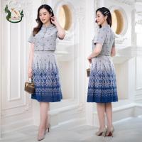 ราคา ชุดเดรส ชุดเซ็ท ชุดออกงาน ผ้าฝ้ายทอลาย เซ็ทอมรรัตน์ สีเทา น้ำเงิน (19117933129)