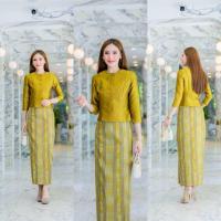 ราคา A02 ชุดไทยเรือนต้น สีเหลือง ลายขอ ชุดไทยเรือนต้น เสื้อ ผ้าถุง ผ้าเนื้อเดียวกัน ผ้าไหมทอลายสั่งทอลายมัดหมี่สวยหรู เสื้อไทยเรือนต้น อัดกาวทั้งชุด (22454285605)