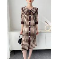 ราคา L 1112F One Size 45 75kg Sanzhai Pleated Female Summer Houndstooth Printed Midi Dress (24332075110)