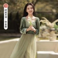 ราคา ชุดเจ้าสาวผ้ากำมะหยี่สีเขียว แขนยาว ชุดราตรี เดรสยาว สไตล์เกาหลี แฟชั่นฤดูใบไม้ร่วงและฤดูหนาว (20815894774)