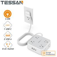 ราคา TESSAN ปลั้กไฟมาตรฐาน USB Type C สวิตช์ควบคุม ปลั๊กสามตา ปลั๊กไฟ 3 เมตร ปลั้กไฟ รางปลั๊กไฟ (18556215658)