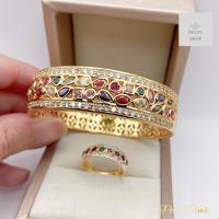 ราคา กำไลข้อมือพลอยนพเก้าหลากสีล้อมเพชรฉลุลายรอบวงกำไล รอบวง19cmสวยเต็มข้อมือหน้ากว้าง1 5cm (21602246386)