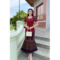 ราคา ชุดเดรสผ้าไทยผ้าฝ้ายพิมพ์ทองอัดกาวทั้งชุด ทรงหางปลาสวยหรูดูแพง ผ้านุ่มใส่สบายไม่ร้อนไม่คัน (24428500864)