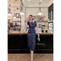 ราคา 8888Navy พร้อมส่ง งานป้าย Orange Juice เดรสลูกไม้พร้อมเข็มขัด (21960535478)