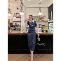 ราคา 8888Navy พร้อมส่ง งานป้าย Orange Juice เดรสลูกไม้พร้อมเข็มขัด (21960535479)