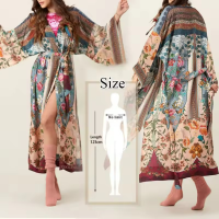 ราคา Bohemian Print Floral Vintage Kimono Holiday Flare Sleeve Beach Cover Up With Long Cardigan Bikini Cover ups Elegant Self Belted Kimono Dress Tunic Women Plus Size Beach Wear (24310558645)