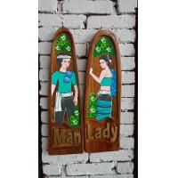 ราคา ป้ายห้องน้ำหญิงห้องน้าชายชาย Mens and womens restroom signs ป้ายติดหน้าห้องน้ำLadyman ป้ายไม้สักแท้100 วาดรูปชายหญิงสไตล์ล้านนาโบราณงานแฮนเมคและไม้สักแท้100 แข็งแรงติดตั้งง่ายใช้งานได้ยาวๆ กว้าง10สูง3