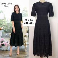 ราคา เดรสดำสุภาพ M 4XL Maxi Dress เดรสสีดำผ้าคอตตอนฉลุลายแขนสั้น งานป้าย Love love (24571901054)