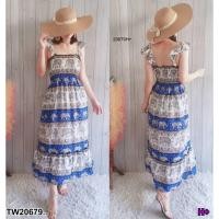 ราคา ชุดเดรสลายช้างสายเดี่ยวระบายหัวไหล่ (21889145107)