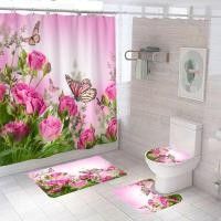 ราคา Pink Rose Butterfly Flowers Shower Curtains Set with Rugs Blooming Bathroom Decor Toilet Seat Cover Non Slip Bath Mat Carpet (19989492980)