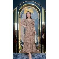 ราคา ชุดเดรสยาว ผ้าชีฟอง ย่นอก แขนระบาย กระโปรงระบายชาย1ชั้น ลายดอก (24605884424)