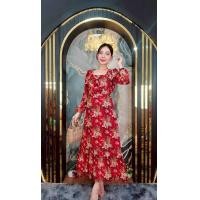 ราคา ชุดเดรสยาว ผ้าชีฟอง ย่นอก แขนยาว กระโปรงระบายชาย1ชั้น ดอก3D ลายดอก (24252003301)