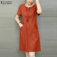 ราคา Esolo ZANZEA Women Short Sleeve Round neck Shift Dress Casual Plain Knee Length Dresses 8 (20279909572)