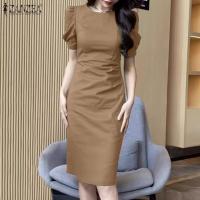 ราคา HijabFab ZANZEA สไตล์เกาหลีคอกลมแขนสั้นชุดเดรสมิดีเรียบหรูสำหรับชุดเดรสบอดี้คอนปาร์ตี้ 11 (21629215848)