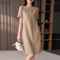 ราคา Esolo ZANZEA Womens Short Sleeve Round neck Loose Sundress Party Work Plain Midi Dresses 11 (20248232802)
