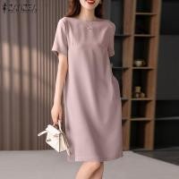 ราคา Esolo ZANZEA Womens Short Sleeve Round neck Loose Sundress Party Work Plain Midi Dresses 11 (20248232786)