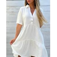 ราคา Loose Solid Casual Cotton And Linen Dress Women Summer Short Sleeve Ruffle Stitching Button Shirt Dress Womens Holiday Clothing (23005798967)