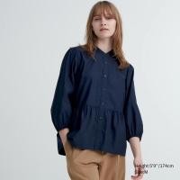 ราคา UNIQLO เสื้อผู้หญิง ผ้าคอตตอน คอจีน แขนสามส่วน COTTON VOLUME 3 4 SLEEVE BLOUSE (19596583145)