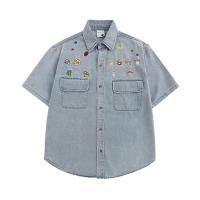 ราคา CalceNubes เสื้อเชิ้ตผ้ายีนส์ผู้ชายและผู้หญิงเสื้อเชิ้ตแขนสั้นคอปกเก่าญี่ปุ่นเสื้อเชิ้ตแขนสั้นคู่ย้อนยุค (24080945363)