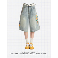 ราคา กางเกงยีนส์ทรงตรงปักลายดอกไม้สไตล์ย้อนยุคแบบอเมริกันสำหรับผู้หญิง กางเกงขาสั้นทรงหลวมสำหรับฤดูร้อน ดีไซน์ใหม่ ซักได้ ทรงหลวม กางเกงยีนส์ทรงตรง (24368657982)