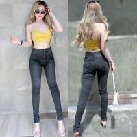 ราคา ส่งเร็ว SALE กางเกงยีนส์ผู้หญิง no 213 ทรงเดฟ เอวสูง ซิป ฟอกแต่งขาดแฟชั่น สีเซอร์ดำ ปลายขาตัดรุ่ย (16190645020)