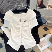 ราคา เสื้อยืดแขนสั้นเปิดไหล่คอปาดสำหรับผู้หญิง2025เข้ารูปพอดีฤดูร้อนเสื้อคอตตอนไม่สม่ำเสมอ (24077796148)