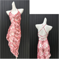 ราคา 7869 pink dress floral prom เดรสยาวแขนกุด เดรส สายเดี่ยว ชุด ผู้หญิง ไปทะเล เดรส เปิดไหล่ เปิดหลัง (22462547694)