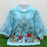 ราคา เสื้อเชิ้ตคอปกผ้าลินินผสมผ้าฝ้าย แต่งแขนลูกไม้สวยๆ ปักดอกไม้สวยๆ (24379673862)