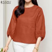 ราคา ZANZEA เสื้อสตรีสไตล์เกาหลีเสื้อแขนพองสั้นคอกลมเสื้อสวมหัวผ้าลินินผ้าฝ้ายแข็ง 0526 (24499120268)