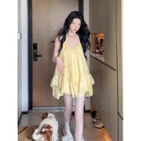 ราคา ชุดเดรสเกาะอกสีเหลืองสไตล์ฝรั่งเศส Ouyan Summer Vacation สำหรับผู้หญิง กระโปรงทรงเอ แขนกุด เอวกลาง ทรงหลวม คอวี (24505534701)