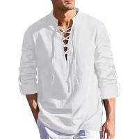 ราคา Mens Long Sleeve Pirate Henley Collar Shirts Drawstring Cotton Linen Lace Up V Neck Shirts Hippie Beach Spring Summer Tops (22460952046)