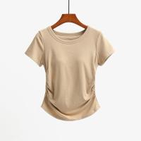 ราคา เสื้อยืดแขนสั้นพร้อมแผ่นรองหน้าอกสำหรับผู้หญิงเสื้อมีจีบเอวเข้ารูปไม่มีบราสวมใส่เล่นโยคะ (23972342238)