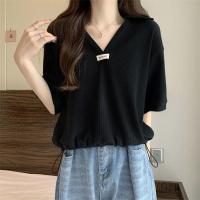 ราคา White Short sleeved Womens Cotton T shirt 2024 Summer New Loose Casual Design Solid Color V neck Large Top (23401856995)