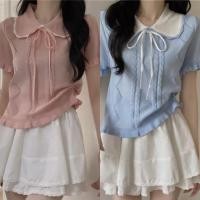 ราคา MT717 1 เสื้อยืดไหมพรม คอปก แขนสั้น ใส่ง่ายสบายๆ ผ้าบางเบา ดีเทลลายผ้าผูกโบว์ (22435327959)