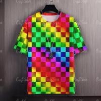 ราคา สายรุ้ง ตาหมากรุก เสื้อยืดผู้ชาย แฟชั่น เสื้อเรืองแสง เสื้อวินเทจชาย สุภาพสตรี เสื้อคอกลม (24246690289)