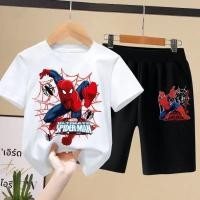 ราคา เสื้อยืดสำหรับเด็กจาก Disney ชุดเสื้อผ้าเด็กเทรนด์สำหรับเด็กผู้ชายลาย Marvel Aoger Spiderman กางเกงขาสั้นแขนสั้นชุดสองชิ้น (23935263303)