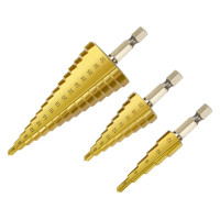 ราคา 3pcs ดอกสว่าน ทรงเจดีย์ ดอกสเต็ป เคลือบไทเทเนียม ขนาด 4 32 4 20 4 12 มม HHS Step Drill Titanium Size 4 32mm 3Pcs Set เจาะขยาย คว้านรู เคลือบไทเทเนี่ยม ดอกเล็กให (21369360966)