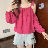 ราคา เสื้อเชิ้ตผ้าชีฟองแขนยาวป้องกันแสงแดดสไตล์เกาหลีสำหรับผู้หญิงในฤดูร้อน เสื้อเชิ้ตแขนสั้นแบบมีเข็มขัดเปิดไหล่ ทรงหลวม สีพื้น (23466936488)