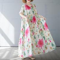 ราคา ชุดเดรสยาวแขนสั้นคอตกลำลองสำหรับผู้หญิงไซส์ใหญ่ ทรงหลวม สไตล์ Bohemian ชุดเดรสยาวผ้าฝ้ายผสมลินิน (24348148758)