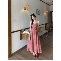 ราคา Korean Dress เดรสสายเดี่ยว ชุดเดรสลายสก็อตสีแดง สไตล์ย้อนยุคฝรั่งเศส ปิดไหล่ สไตล์วันหยุดแสนหวาน (24330252672)