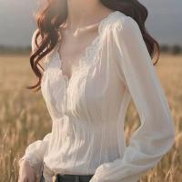 ราคา Luxqlo เสื้อแขนยาวผู้หญิงแฟชั่นสไตล์เกาหลีคอวีลูกไม้เรียบง่ายเสื้อยาวสีขาว (24372032957)