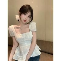 ราคา เสื้อเชิ้ตผู้หญิงแขนพองสไตล์ฝรั่งเศส Pure Desire คอเหลี่ยม รัดเอว หลวมๆ ด้านหลังเปิด ผูกโบว์ ลายผีเสื้อ แขนสั้น (24375871408)