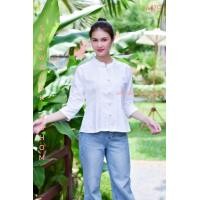ราคา เสื้อพื้นเมืองคอจีนผ้าชินมัยสีขาวกระดุมปั๊ม รหัส M19 (12715679917)
