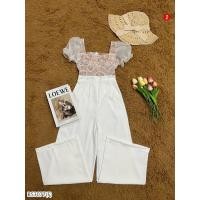 ราคา BS3077 จั้มสูทขายาว อกลูกไม้ลายสวย เนื้อดี แขนพองสม้อกแต่งขอบลูกไม้ (16421570179)