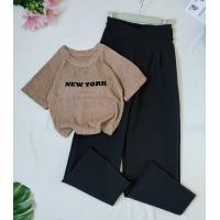 ราคา กางเกงขายาวเอวสูง เสื้อครอปแขนสั้นผ้ายืด ชุดเซทสองชิ้น (21177880857)