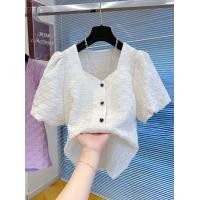 ราคา เสื้อเชิ้ตผ้าชีฟองแขนสั้นคอเหลี่ยมสำหรับผู้หญิง สีม่วงอ่อน ทรงหลวม ทรงปกติ เสื้อผ้าทำงานสไตล์เกาหลี ฤดูร้อน 2024 (23463306963)