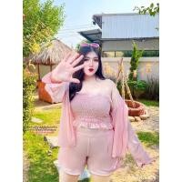 ราคา สาวอวบ ชุดเซ็ตสาวอวบ เซ็ตเกาะอก เสื้อคลุม ขาสั้น ชีฟอง เดินทะเล ซัมเมอร์ อก 38 40 42 44 46 (21460048214)