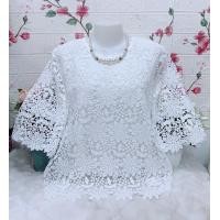 ราคา เสื้อลูกไม้ใส่ทำบุญ เสื้อผ้าสีขาว รอบอก38 42 44 46 48 50นิ้วฟรีไซส์ เสื้อลูกไม้แขนสามส่วน (24624157470)