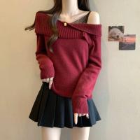 ราคา H H พร้อมส่ง 25119 เสื้อเปิดไหล่แขนยาว ไหมพรม น่ารักแต่งลูกไม้ ยืดตามตัว (23336852470)