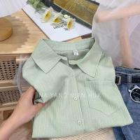 ราคา SFB2933 พร้อมส่ง เสื้อเชิ้ตอัดพลีทผ้าคอตตอนลินินคอปกแขนยาวผู้หญิง เสื้อแฟชั่นเกาหลีสีทึบเรียบง่ายลำลอง oversize ทรงหลวม ใส่สบาย (18260038361)